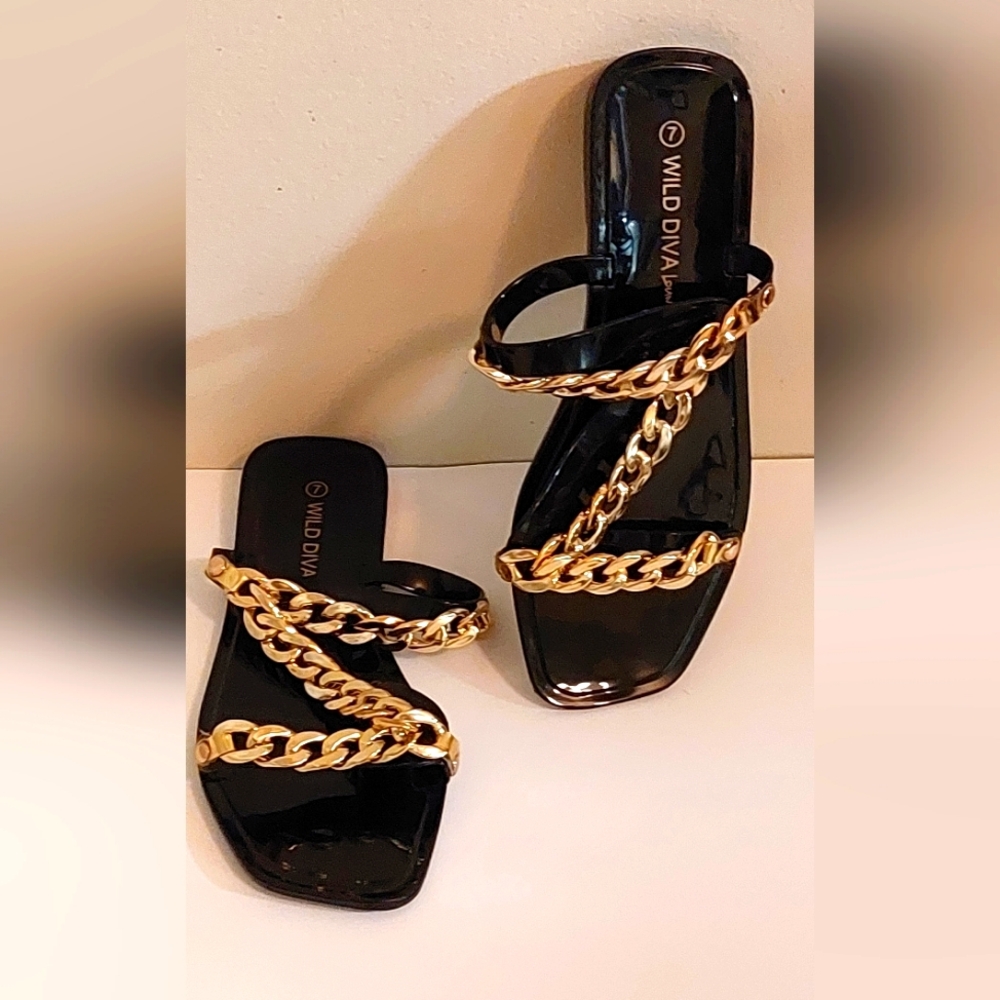 Black Flat Sandals with Bold Gold Chain Design